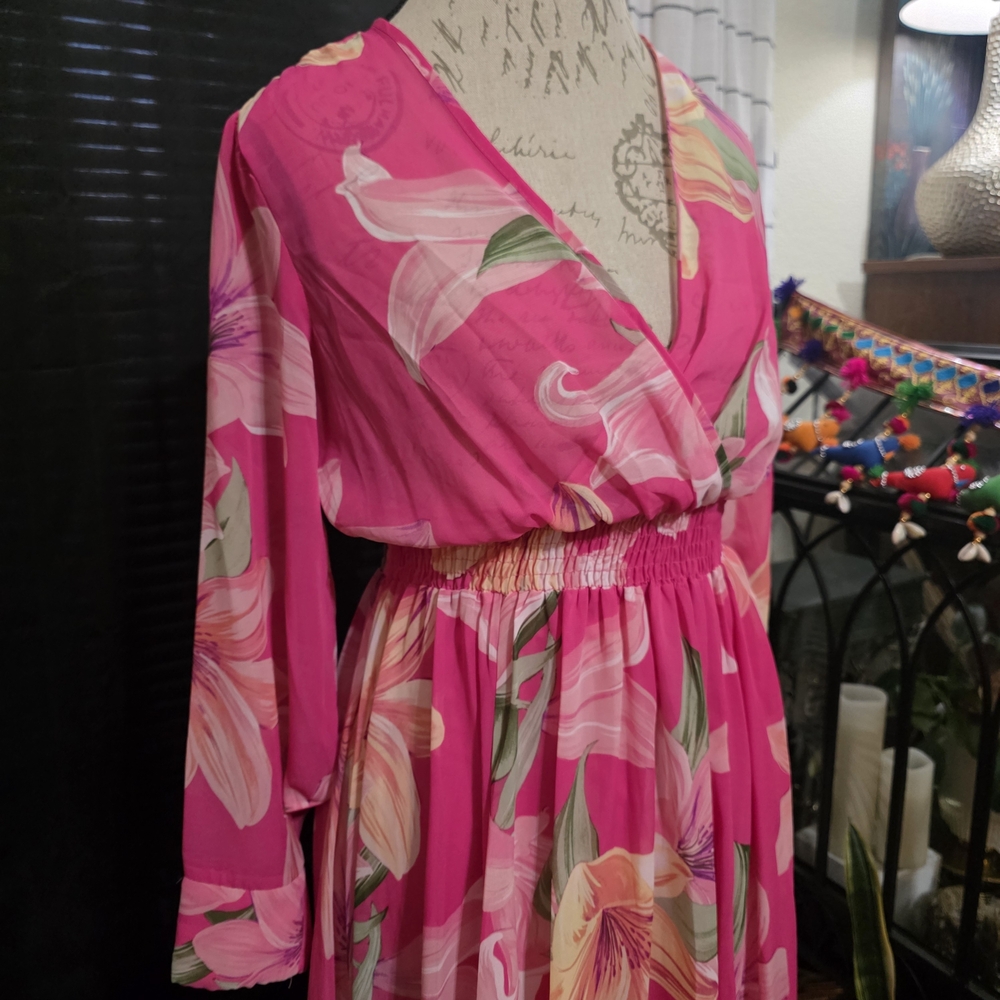 Vibrant Pink Floral Long Sleeve Vacation Wedding Full Length Dress